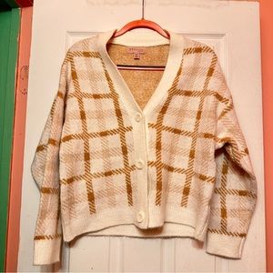 Philosophy White and Tan Plaid Knit Cardigan